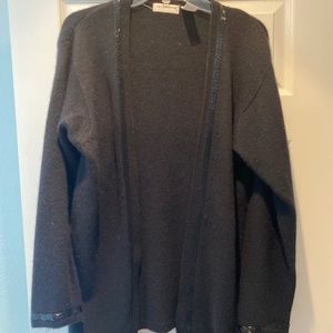 Black wool open sweater with sequin trim